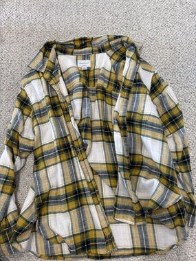 American Eagle Plaid Shirt in Mustard, Dark Green & White